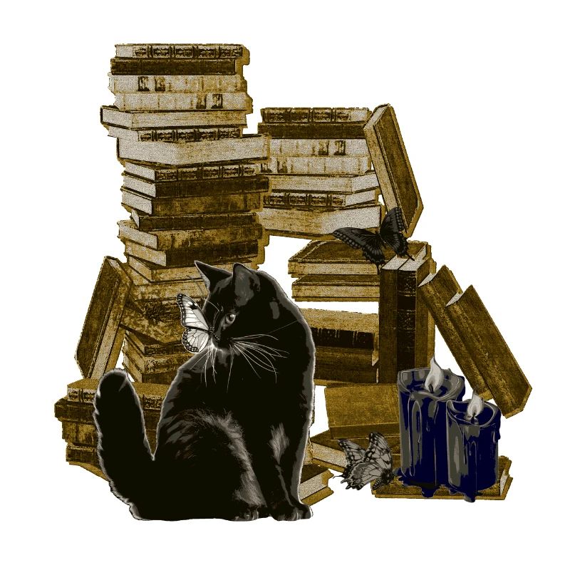 Bücherstapel mit Katze, lesen