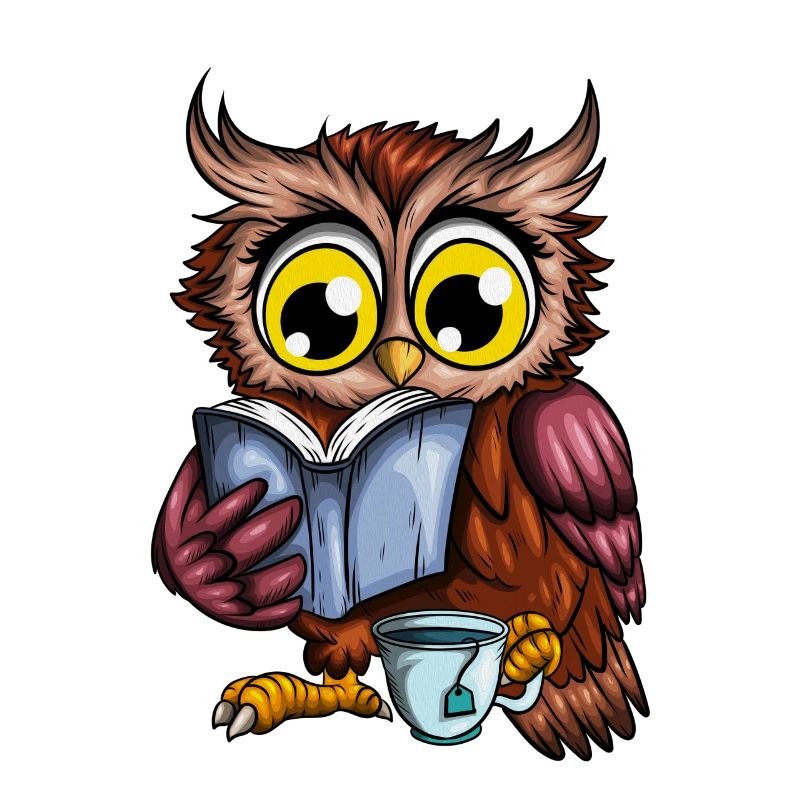 Eule mit heißem Tee Gemütlich ein Buch lesen