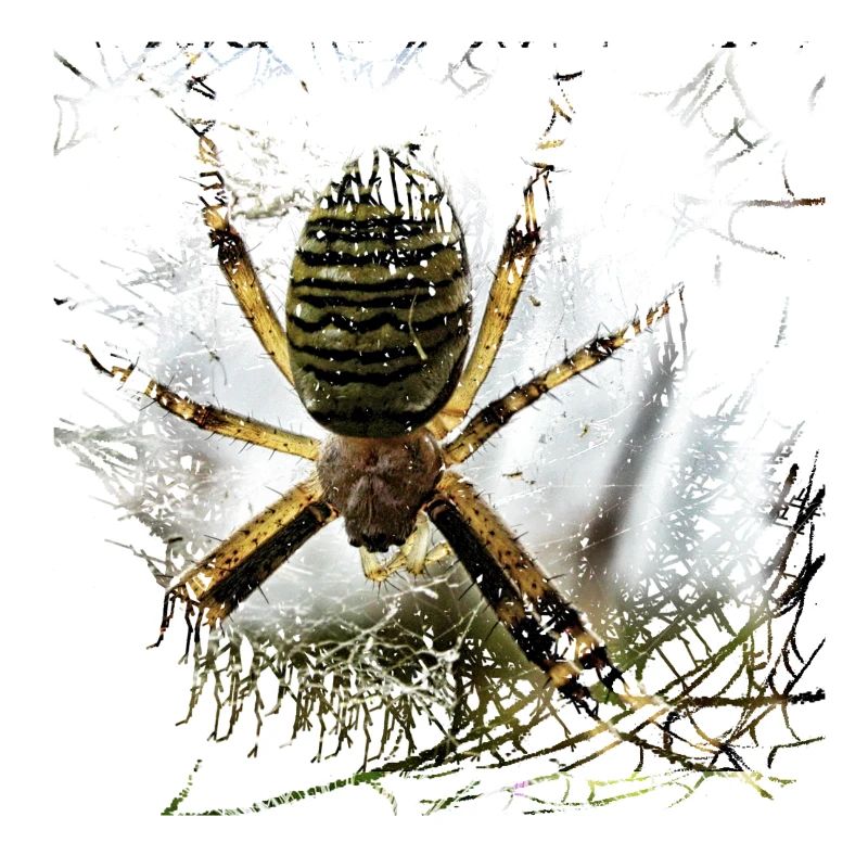 Wasp spider on silken thread in lurking position