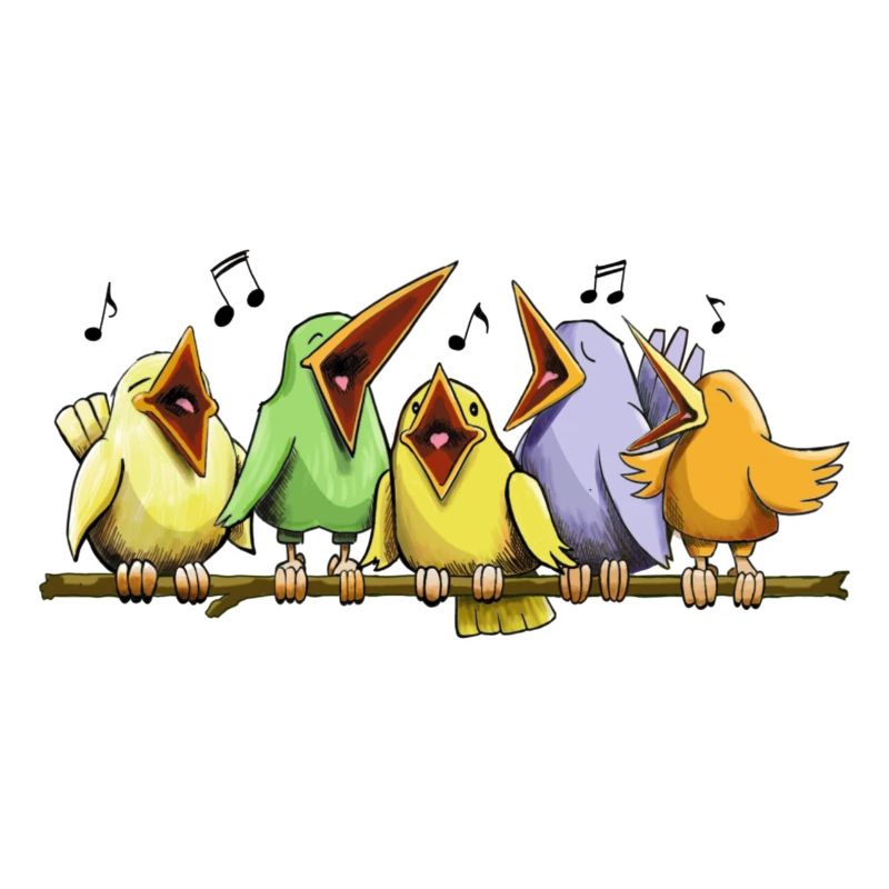 Five birds singing hard