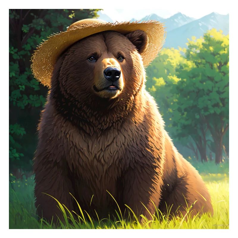 Cute Brown Bear Artwork with Straw Hat Meadow Art