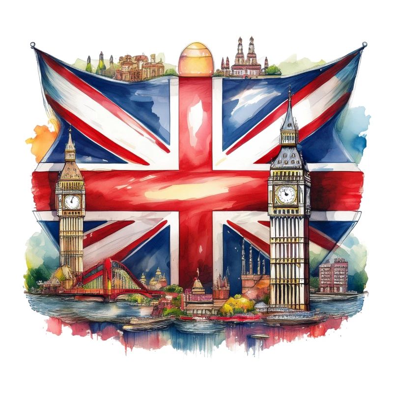 Watercolour Union Jack with British Landmarks
