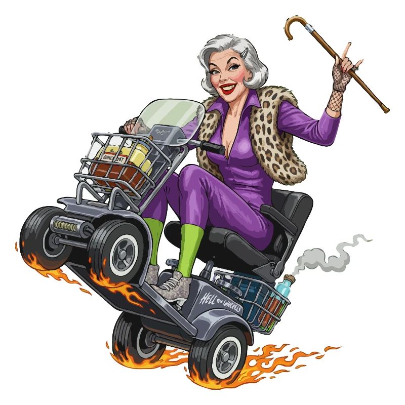 Mamie violette sur un scooter de mobilité de course