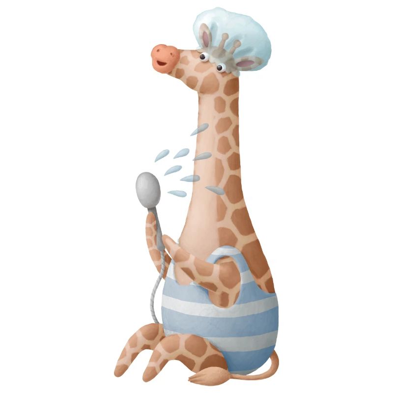 Nette Giraffe die eine Dusche nimmt mit Badehaube