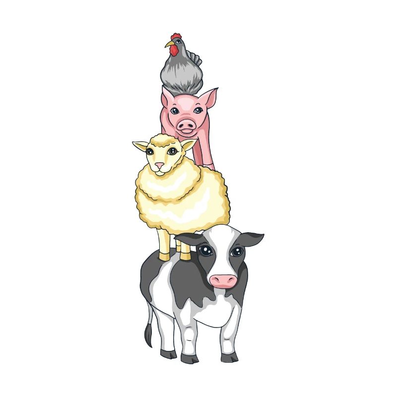 Farm animals standing on each other's backs
