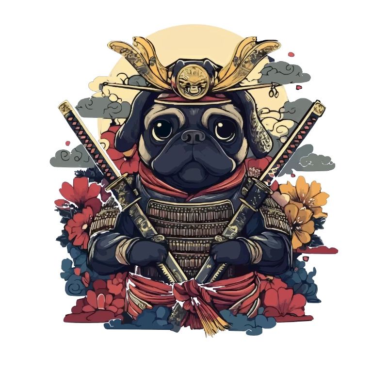 Samurai Mops Krieger mit Schwertern und Blüten