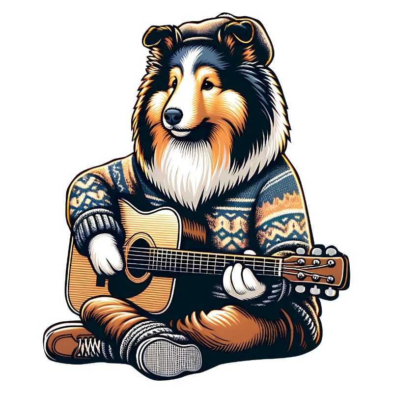 Collie Mit Akustikgitarre Im Strickpullover