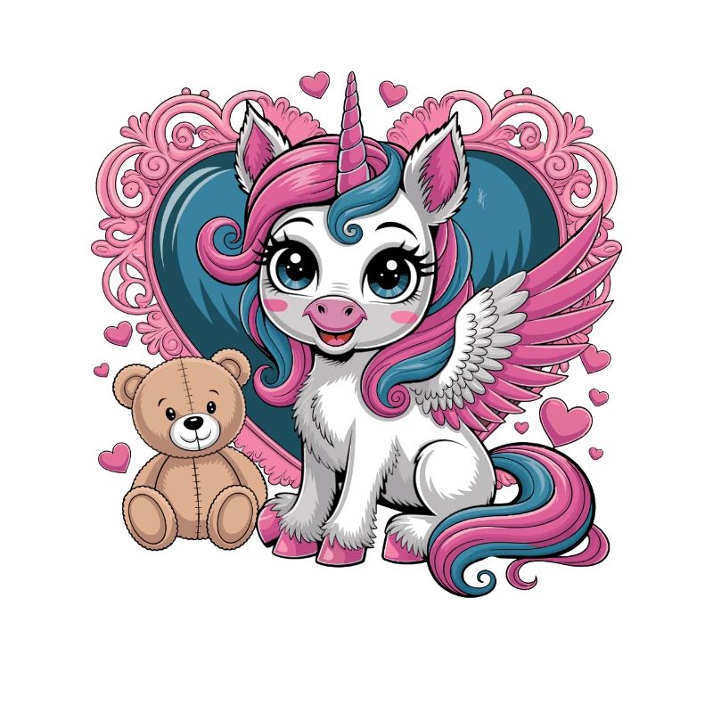 Winged pony with teddy bear and hearts