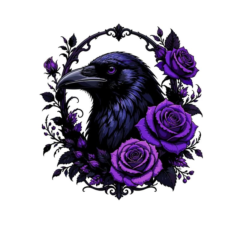Night crow with violet roses
