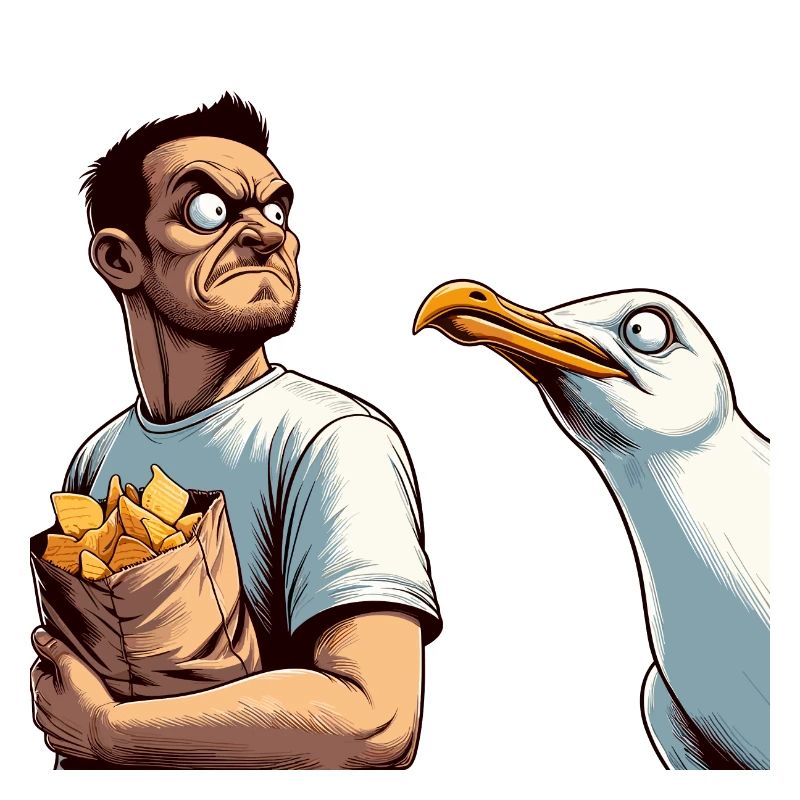 Duel man with chips against seagull