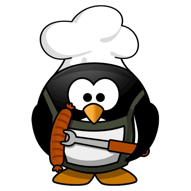 Kochender Pinguin mit Bratwurst. Geschenkidee