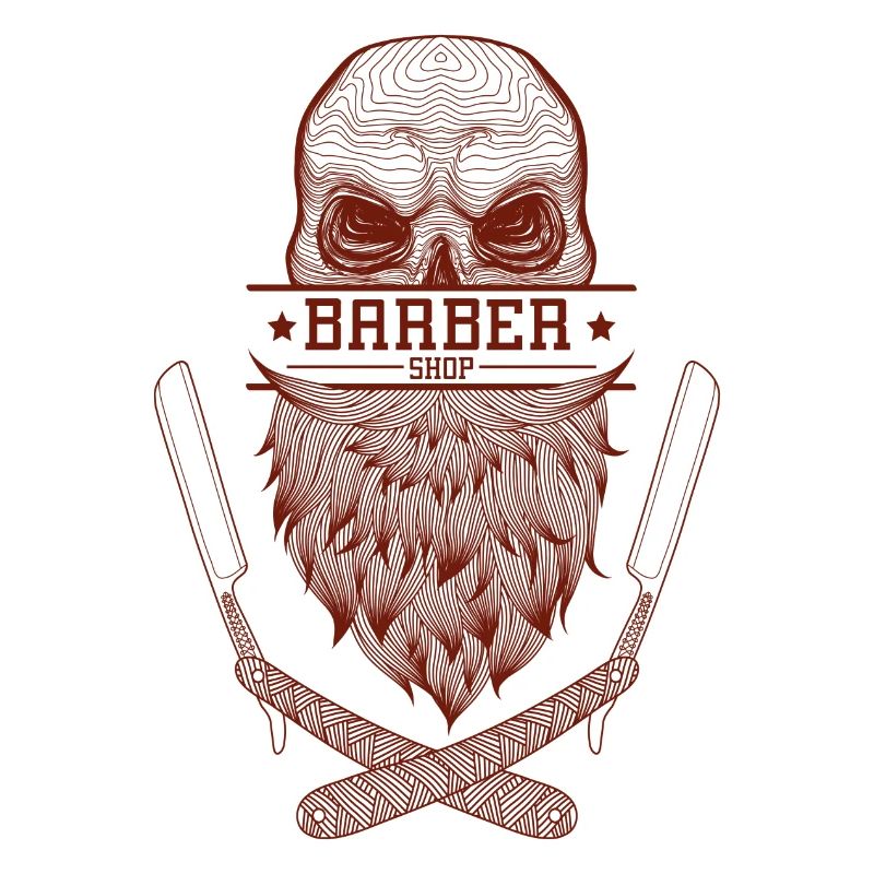 A skull with a beard, framed by razor blades.
