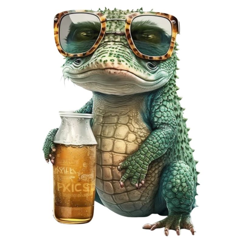 Cool crocodile in sunglasses drinking beer