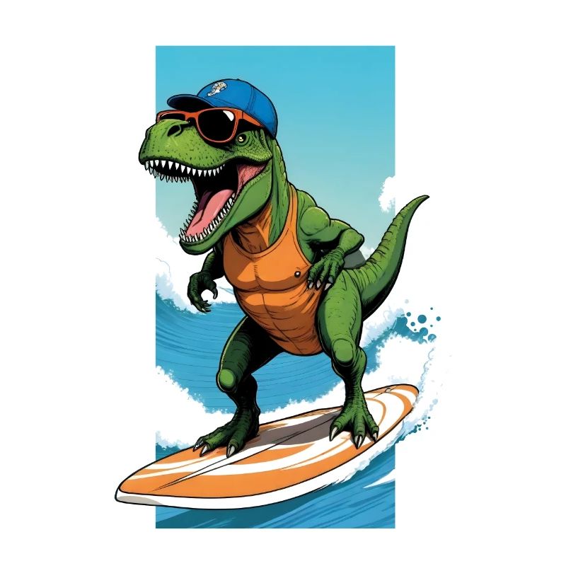 Cool dino T-Rex on surfboard rides on wave