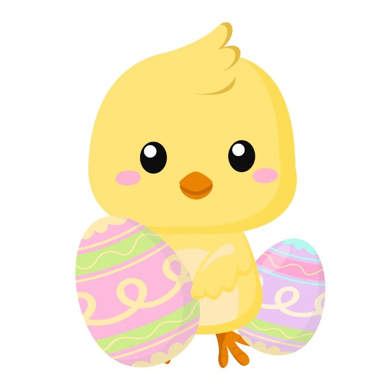 Cute little Easter chick with Easter eggs