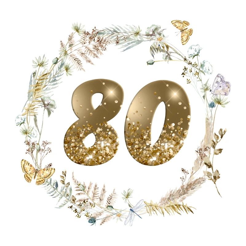 Number 80, glitter, boho wreath, customizable
