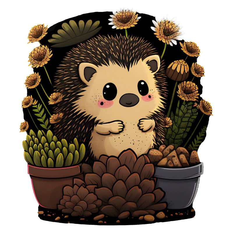 Petit hérisson, pot de fleur, cactus, fleurs, jardin