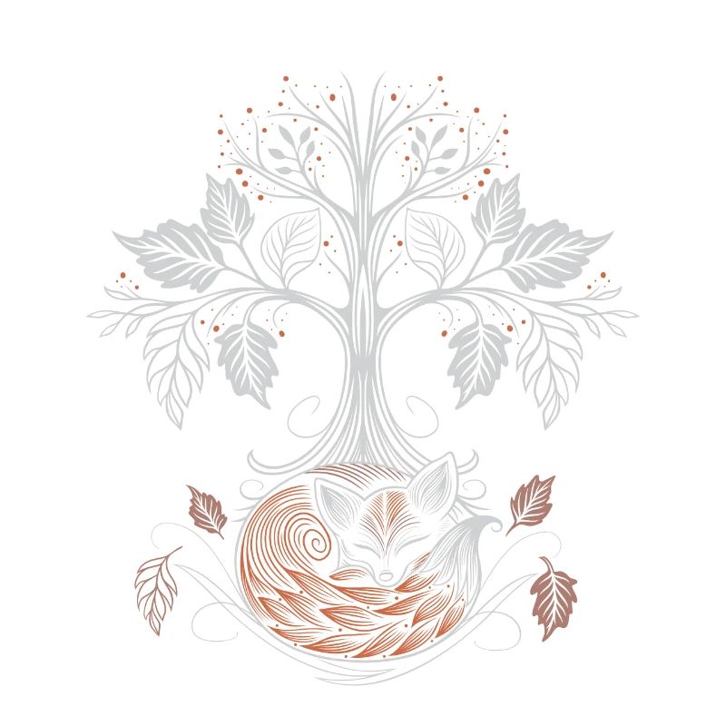 Sleeping Fox Under Tree of Life - Autumn Night