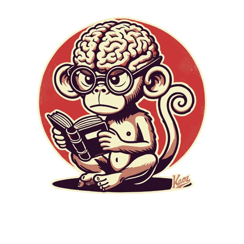 Nerd-Affe mit großem Geirn liest ein Buch