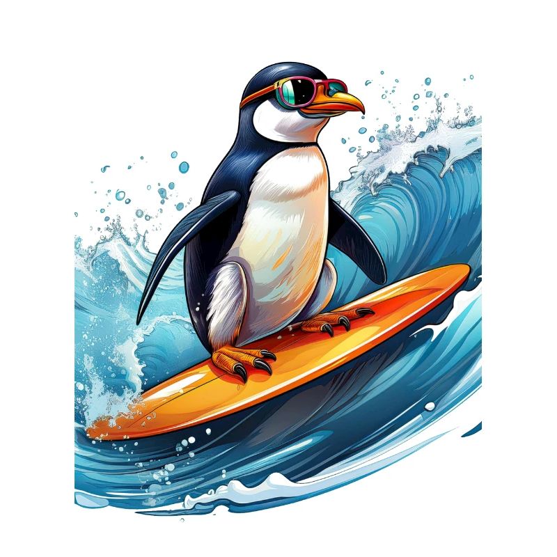 Ein Pinguin auf einem Surfbrett