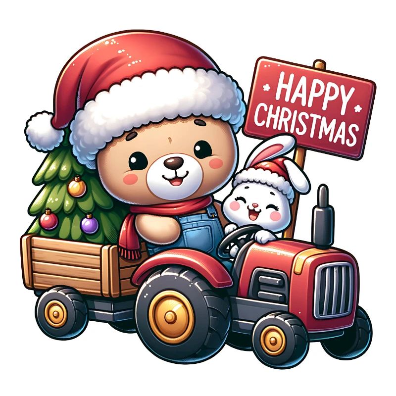 Christmas teddy bear and cute bunny in tractor