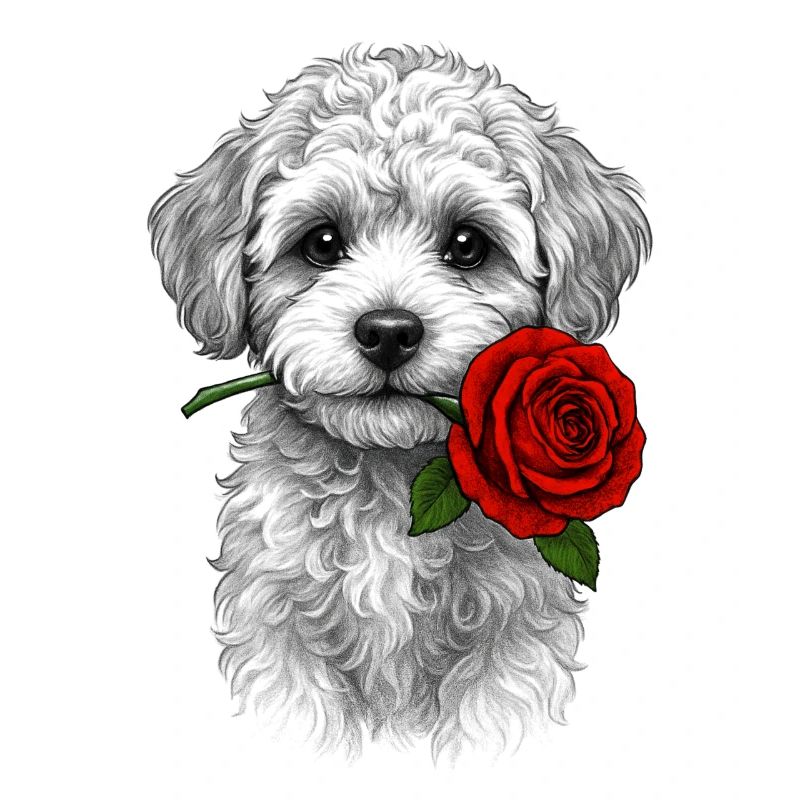 Romantischer Maltipoo mit Rose im Maul
