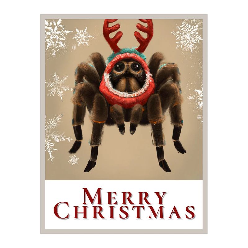 Portrait d’une tarentule dans un pull festif.