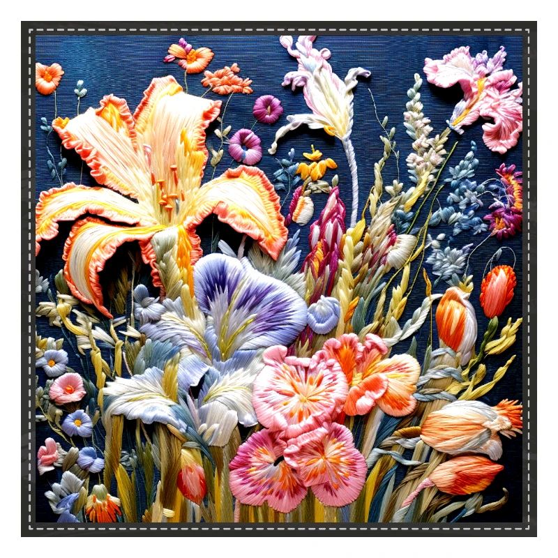 Floral pattern in embroidery technique on dark blue