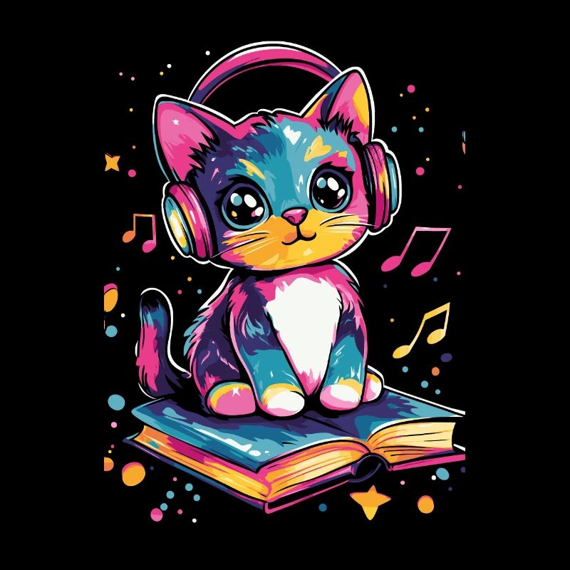 Süße Katze mit Kopfhörern und Bücher