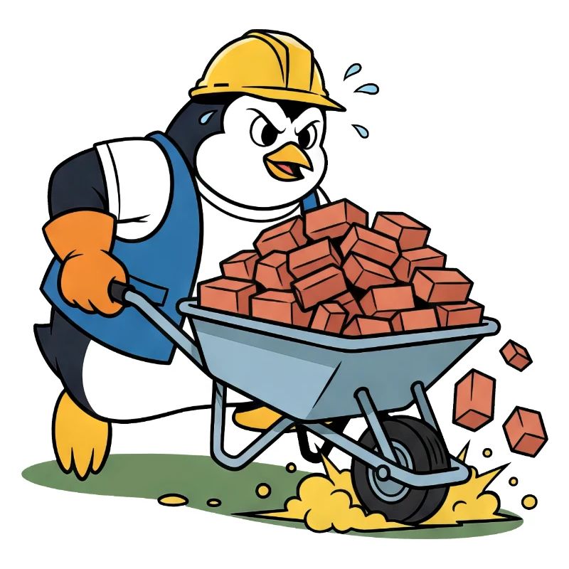Cute penguin craftsman construction worker construction site