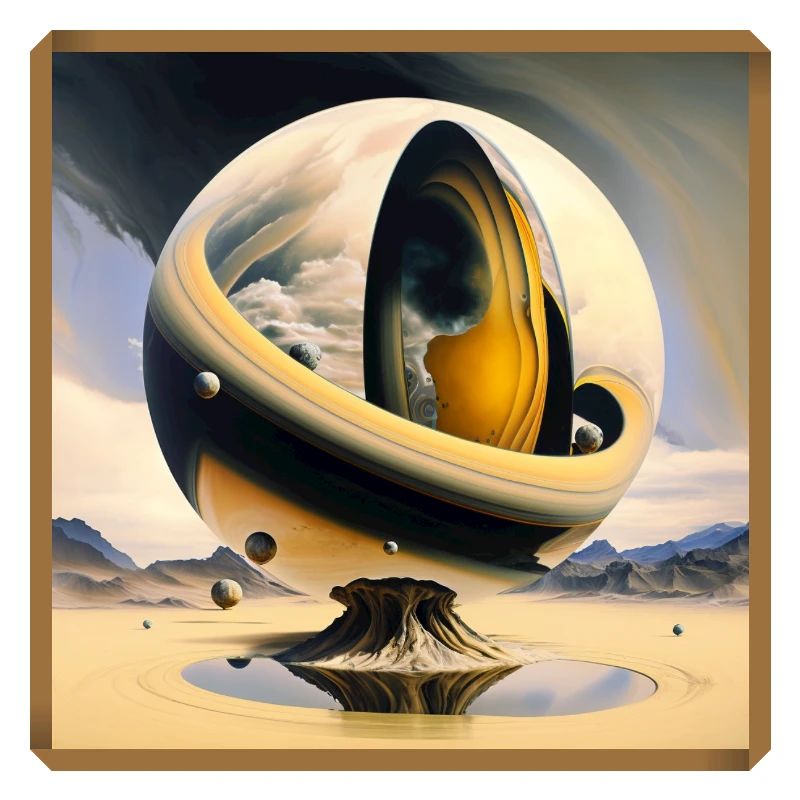 Kosmische Sphäre über surrealer Wüsteninsel