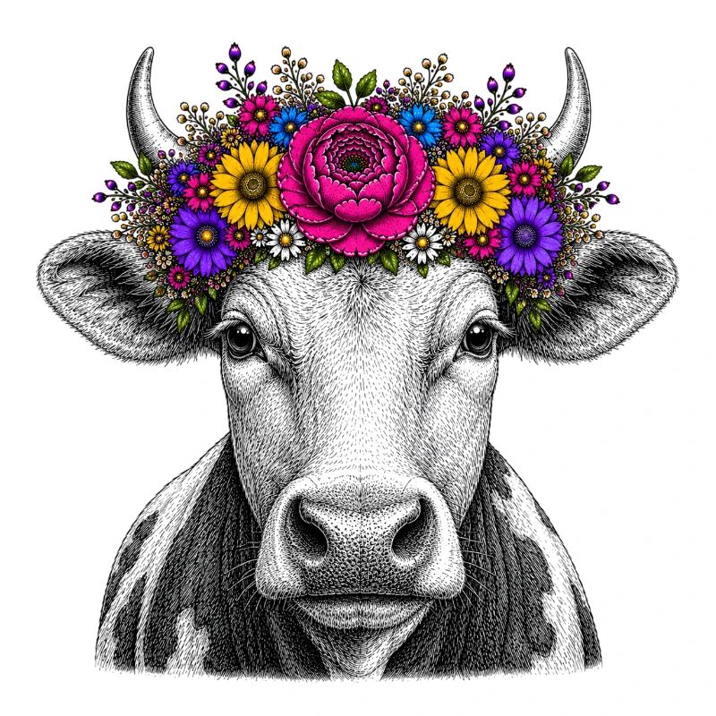 Vache avec couronne de fleurs