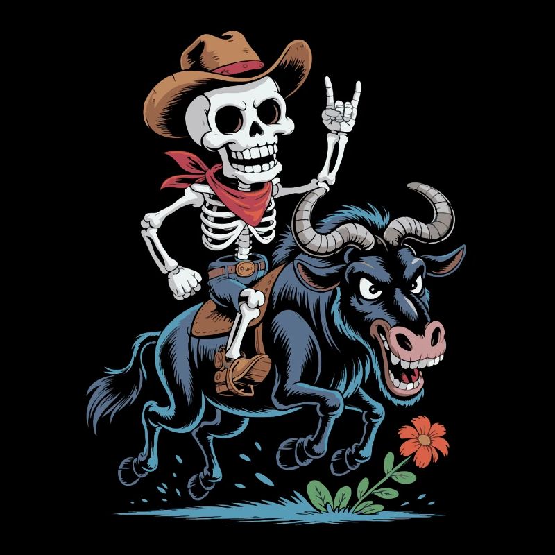 Skelett Cowboy Rodeo auf Gnu