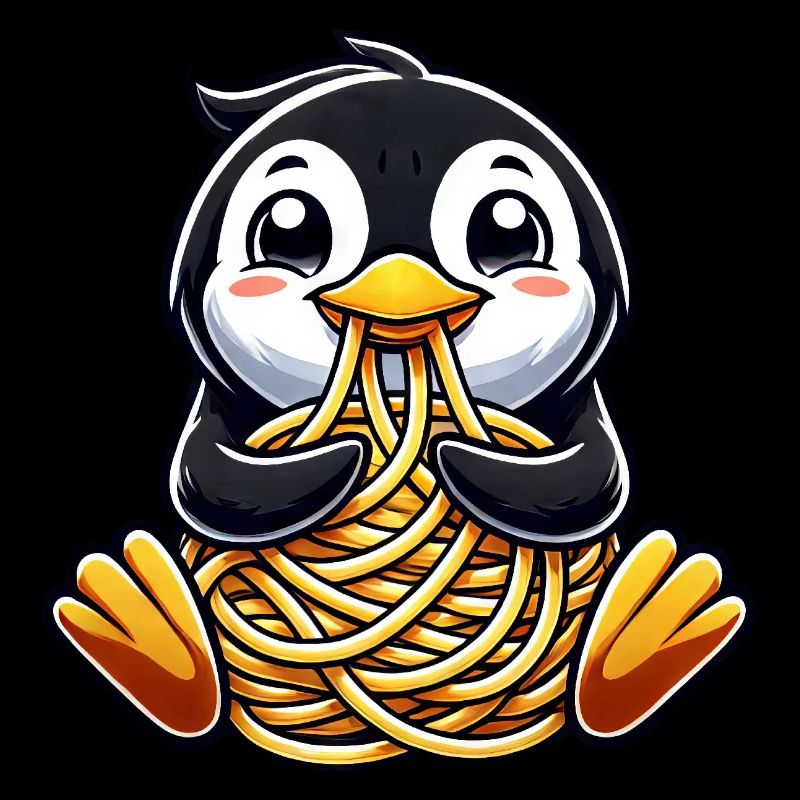 Clumsy penguin eats spaghetti