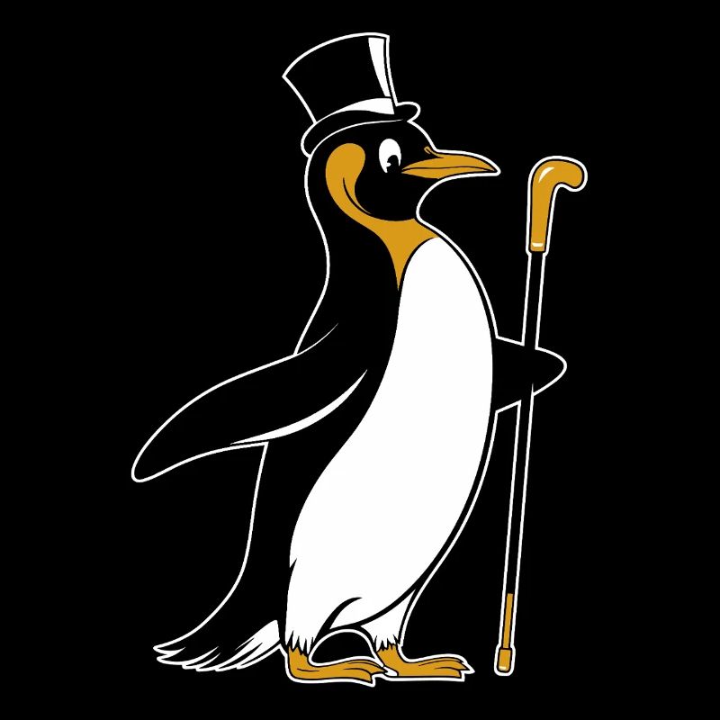 Pingouin élégant avec chapeau haut de forme et bâton de marche