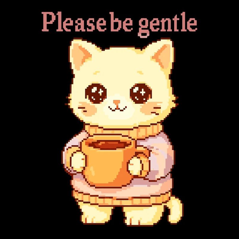 Bitte sei sanft – Pixel Katze mit Tee & Kuschelpul