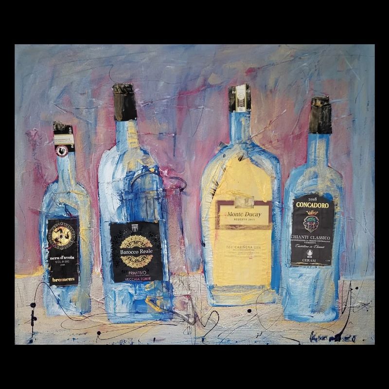 Expressive Weinflaschen vier Freunde