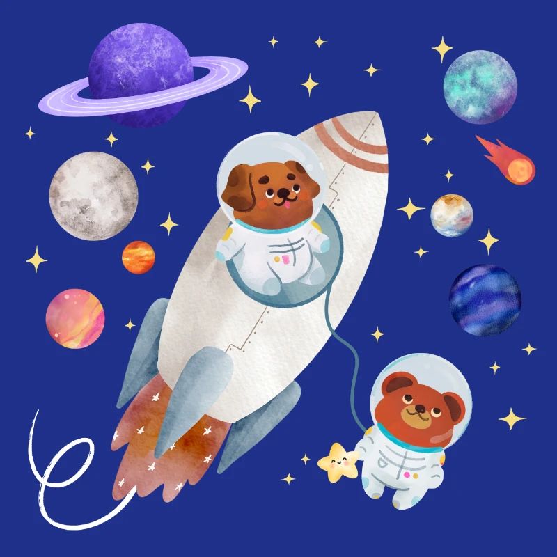 Dog and teddy bear explore space