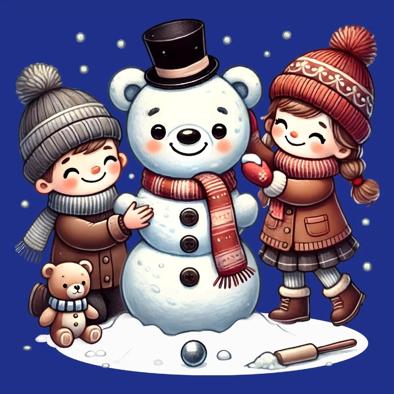 Winterspaß: Kinder bauen einen Teddy-Schneemann