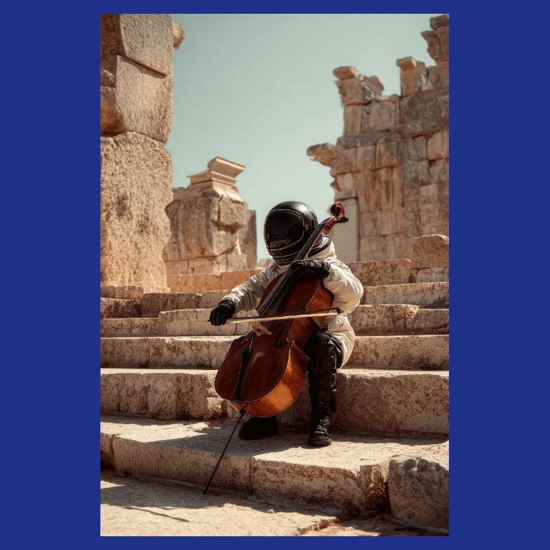 Futuristic Astronaut Playing Cello on Ancient Step