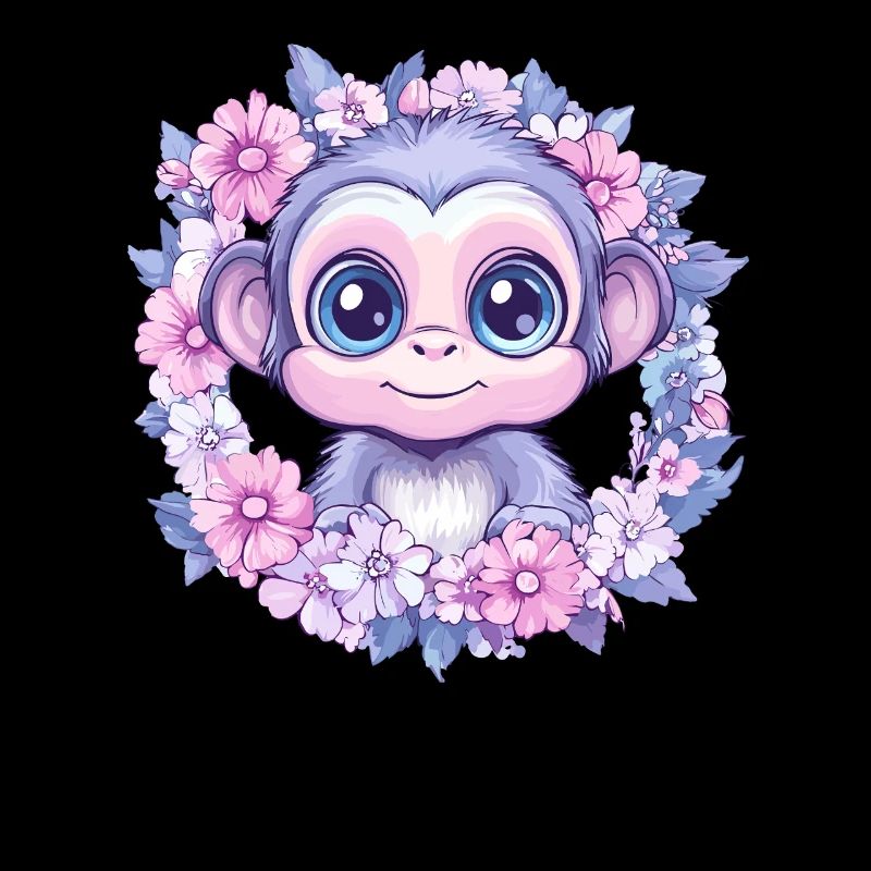 Mignon bébé singe dans une couronne de fleurs