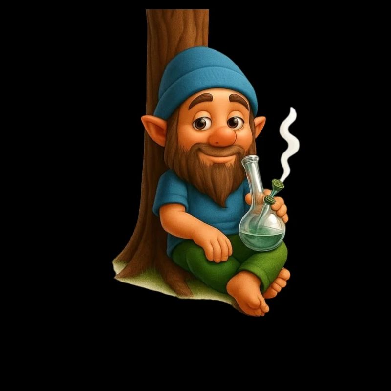 Kiffender Zwerg an Baum lehnend mit Bong Cannabis