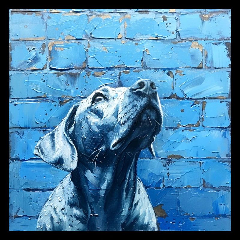 Chien levant fidèlement les yeux devant le mur bleu