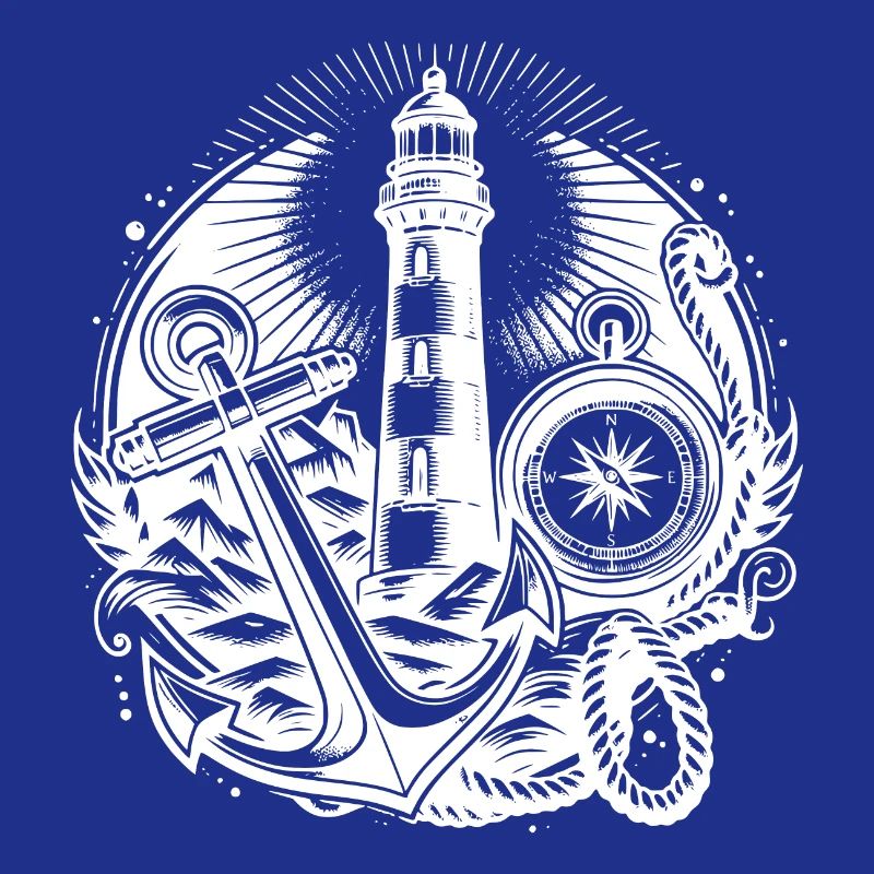 Coastal lighthouse with compass, anchor and light