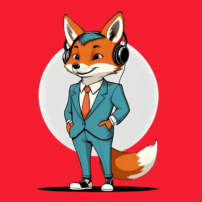 Fuchs im Anzug mit Kopfhörern