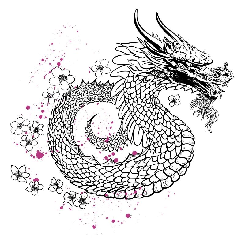 Drache mit Kirschblüten Sakura Style