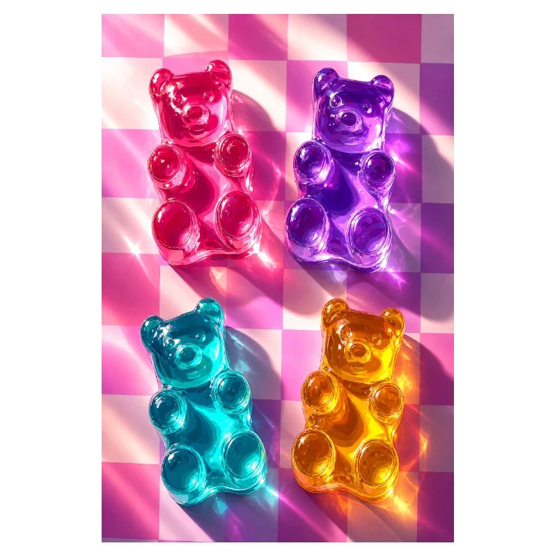 Neon Gummy Bears on Checkerboard