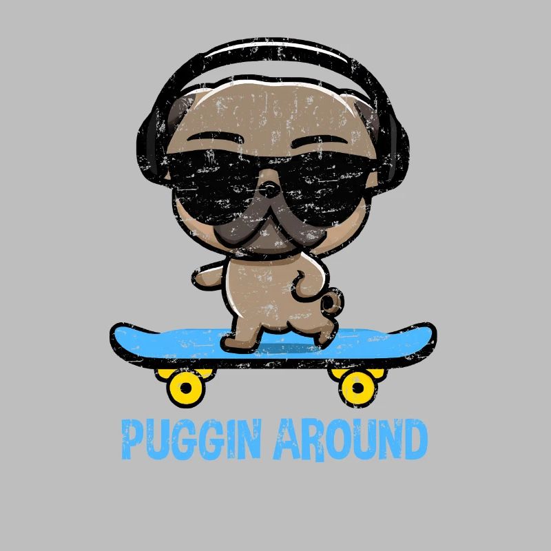 Lustiger Mops auf Skateboard mit Kopfhörern