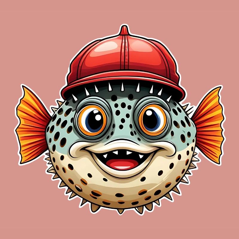 Lustiger Kugelfisch mit roter Basecap