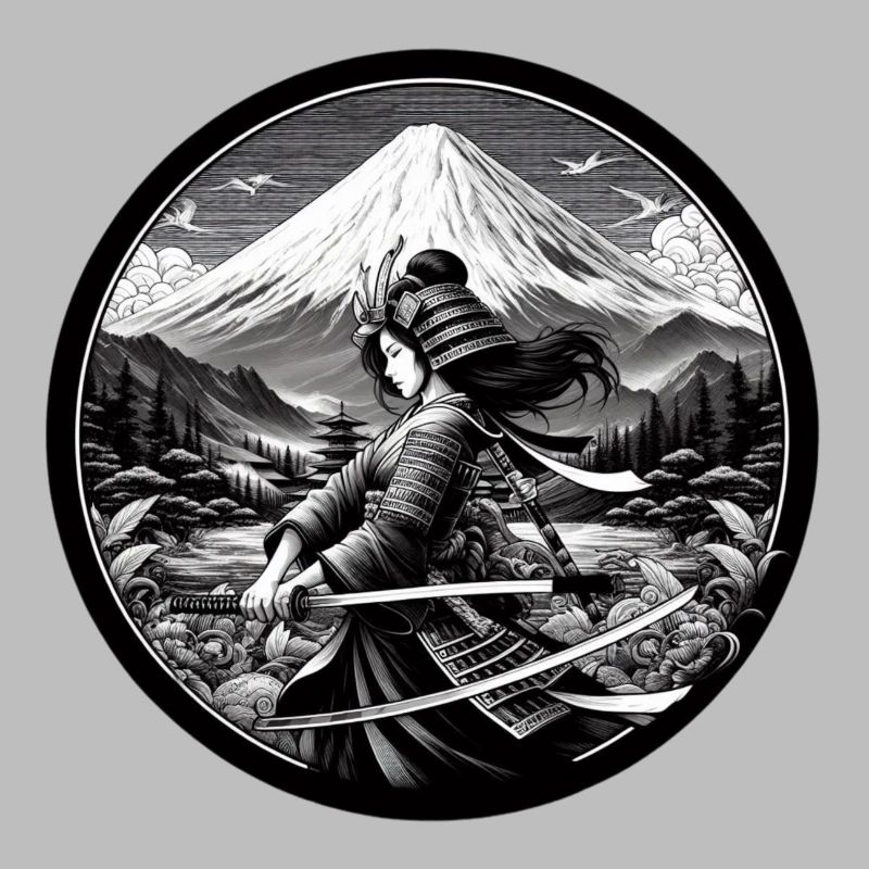 Femme Samouraï avec katana devant Fuji